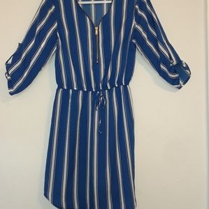 Blue and white striped zip up dress